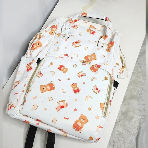 ‼️NEW IN‼️White Teddy Bear Print Diaper Backpack Fast Shipping 📦