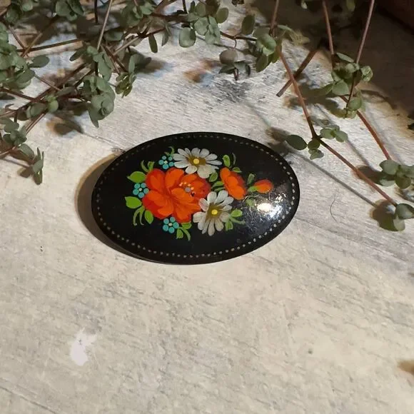 Vintage Russian Hand Painted Floral Wooden Brooch