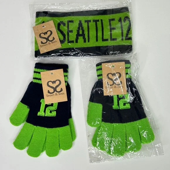 Spirit Soul Seattle Seahawks 12th Man Knit Gloves Headband‎ Set