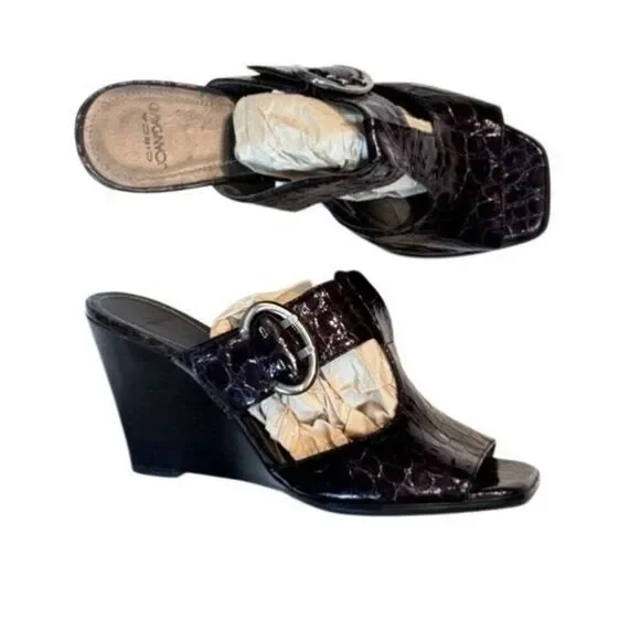 Circa Joan & David Croc Wedge Heel Square Toe Buckle in Black 7.5