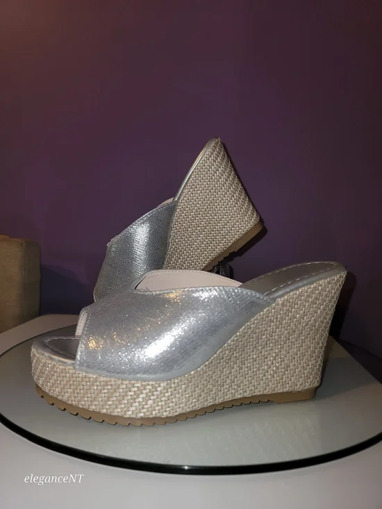 Silver Wedge Slide Sandals Metallic Espadrille Wedges Sz: 8.5 (39) NWOT