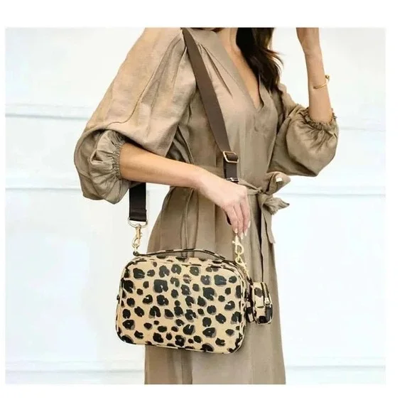 TWELVELITTLE Peek-A-Boo Crossbody Diaper Bag Leopard Print Vegan Leather‎ Tan