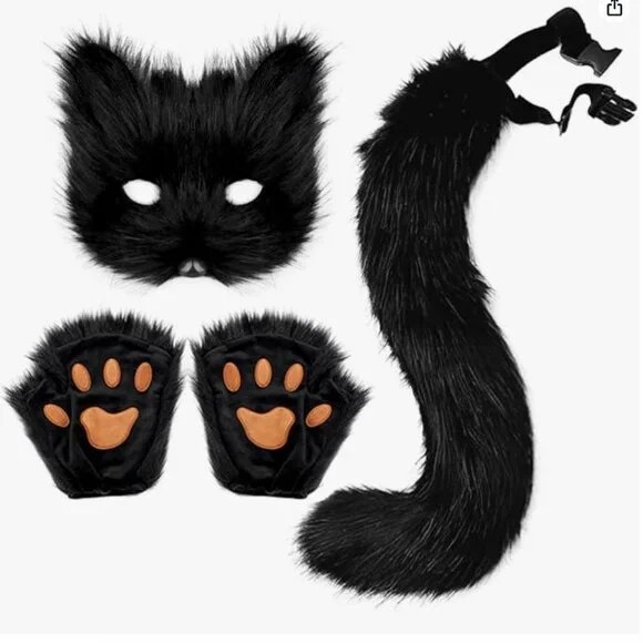 Furry Black Cat Costume with Mask,Tail and Fingerless Faux Fur Paw Gloves