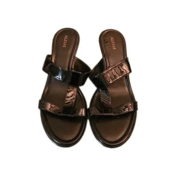 Alfani 9M Women's Black Patent Leather Slip On Wedge Double Strap Sandals Heel