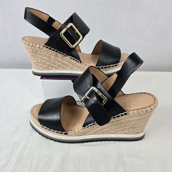 Tommy Hilfiger Twyazzi Womens Black Espadrille Wedge Sandals Gold Buckle Size 8M