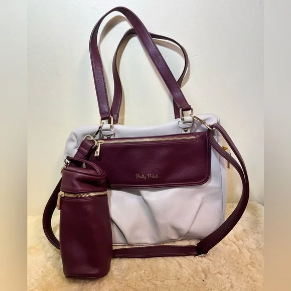 Pretty Pokets Diaper Bag Tote Maroon & White With Bottle Holder