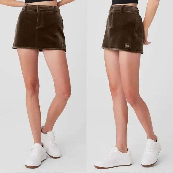 NEW ALO Ribbed Velour Baller Mini Skirt in Macchiato