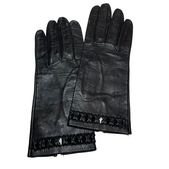 Vintage Womens Black Leather Gloves Decorative Open Detailing at Cuff