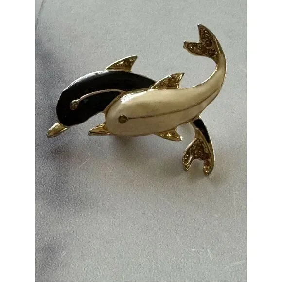 Vintage 90s pin brooch dolphin twin pair cream black gold relationship