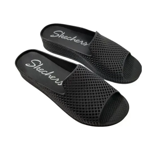 Skechers Cali Glitz Black‎ Open Toe Perforated Eyelet Slip On Wedge Sandal 9