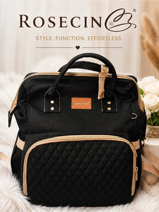 ROSECIN Black Quilted Diaper Bag Backpack Large Baby Travel Bag NEW