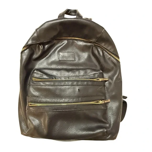 The Honest Co Black‎ Faux Leather Backpack Diaper Bag Minimalist Gold Zipper Bag
