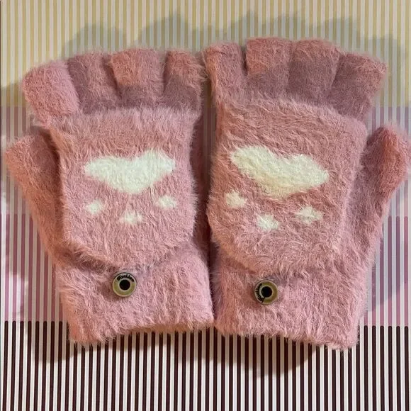 Pink and White Cozy Fingerless Gloves with Paw Print