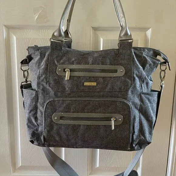 JJ Cole light gray fabric Caprice diaper bag aqua blue lining .