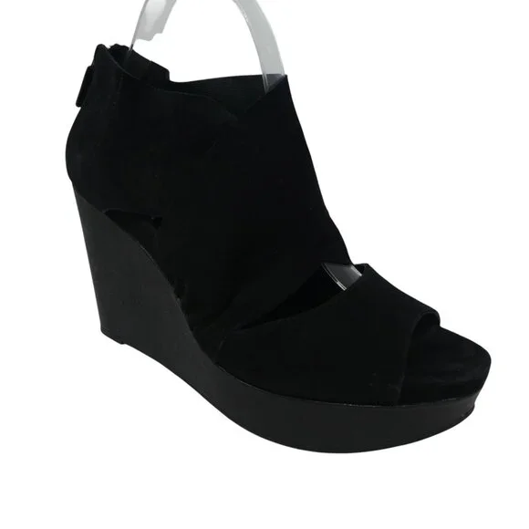 Eileen Fisher Black Leather Open Toe Platform Wedge Sandals Womens 9