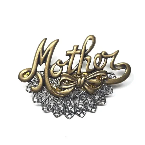 MOM Brooch Pin Filigree Metal Bronze Tone & Silver Tone Mother's Day Gift