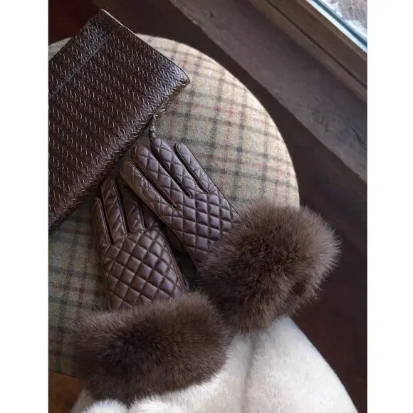 Quilted Lambskin Leather Gloves Genuine Fur Cuff Cashmere Lined Chocolate Brown