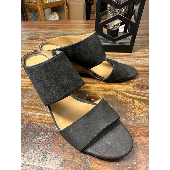 Franco Sarto Womens Mingle Black Leather‎ Wedge Heel Sandal US Size 8M