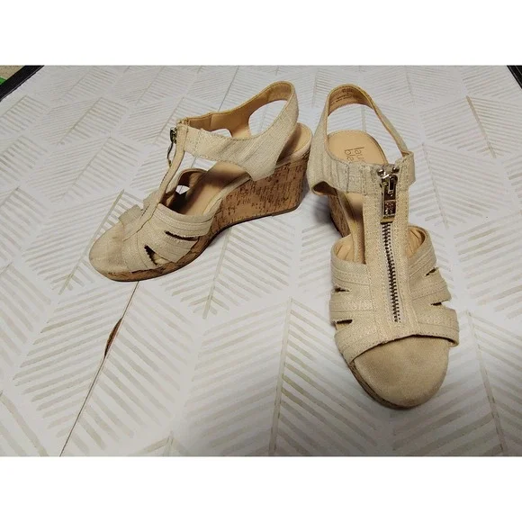 Lauren Blackwell Tan Linen Cork Wedge Sandals Front Zip Gold Hardware Size 8