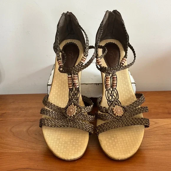 Forever Link Womens Brown Braided Wedge Sandals Boho Beaded Strappy Size 10