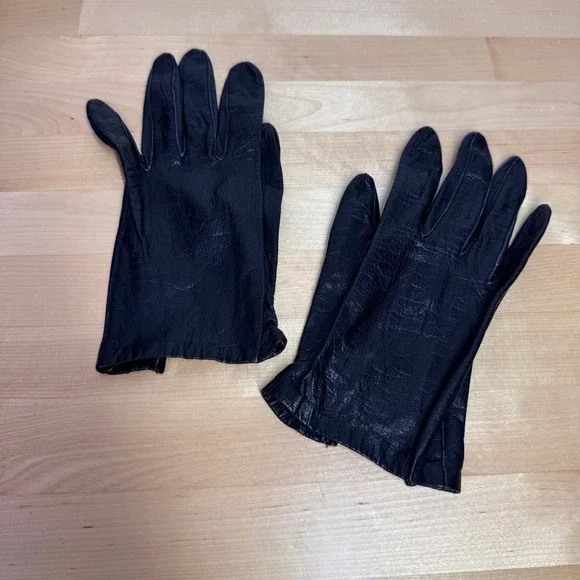 Vintage‎ French Real Kid Black Leather Silk Lined Gloves Women Size 6.5 France