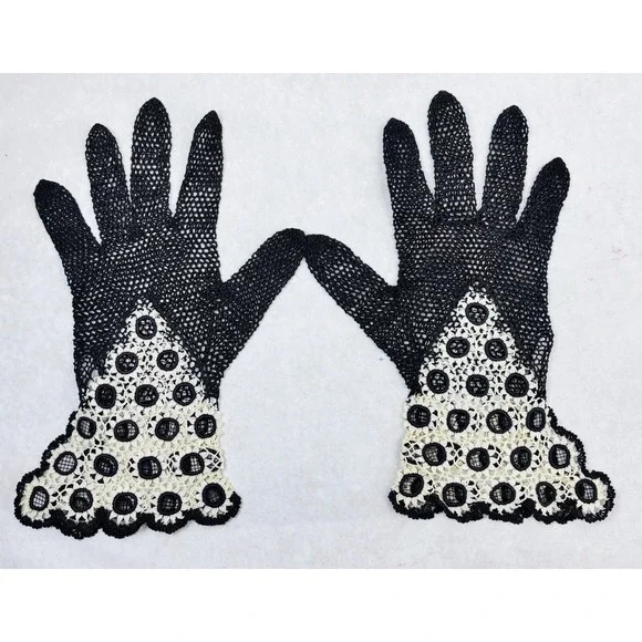 Antique Crocheted Lace Gloves Two Tone Brown Cream Edwardian Small