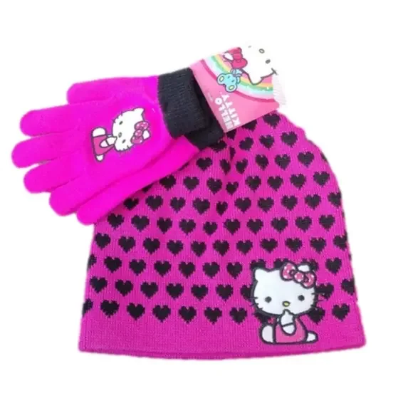 Juniors Hello Kitty Knit Hat + Gloves Teen Winter Cold Weather Set