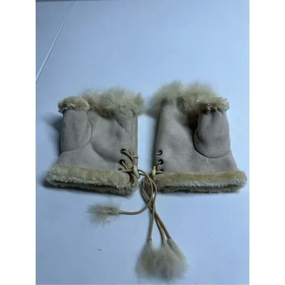 Women’s Faux Suede Fingerless Gloves Tan Beige One Size Rabbit Fur Trim Lace Up