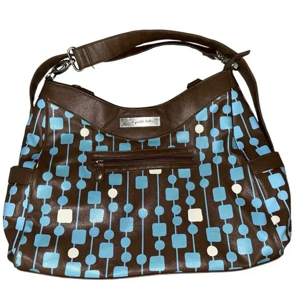 Petunia Pickle Bottom Brown Blue Faux Leather Zipper Pockets Diaper Bag w Straps