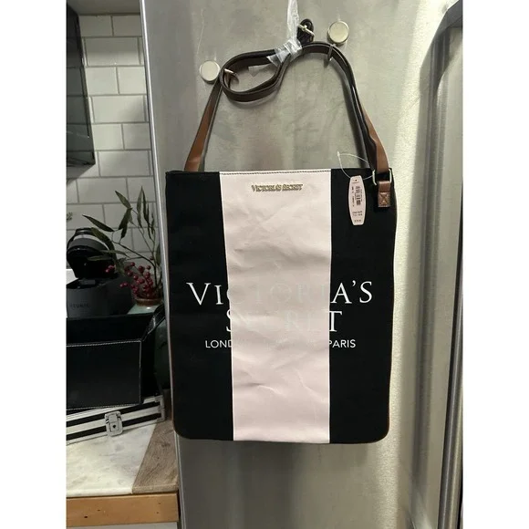 Victoria Secret Canvas Cross Over Black And Pink Gold Logo Overnight Baby Bag