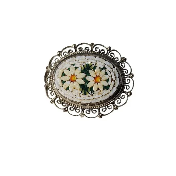 Vintage white oval silver tone filagree daisy flower‎ micro mosaic brooch pin
