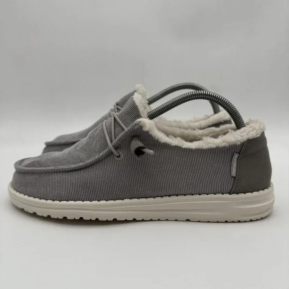 Hey Dude Wendy Corduroy Grey Womens Size 9 Comfort Shoes Faux Fur Lined Slip On