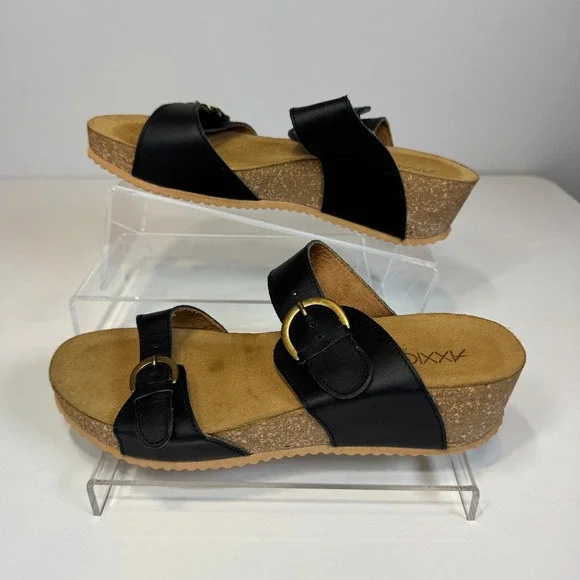 Axxiom Ravine Black Leather Wedge Sandals Slides Women 7M Cork Heel Comfort-core