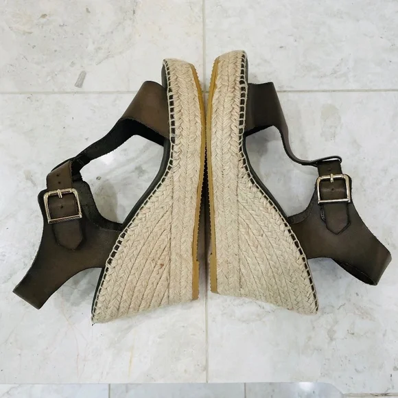 PASEART {40} Wedge Espadrilles Platform Leather Olive / Army Green NWOT