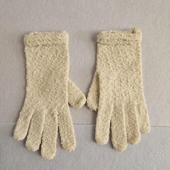 Vintage Cream Popcorn Knit Gloves Off White Winter Warm Soft Cozy One Size