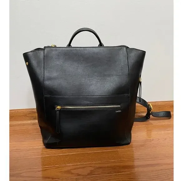 FAWN Square Backpack Diaper Bag Black Faux Leather Gold Tone Hardware