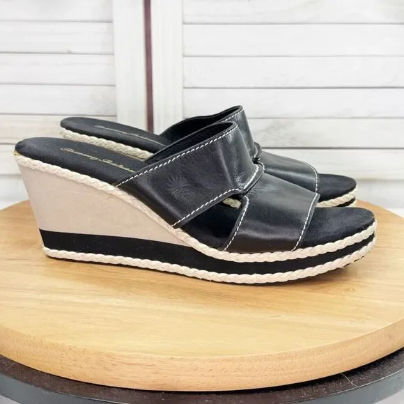 Tommy‎ Bahama Kamala Wedge Heel Leather Slide Sandals Black White 9