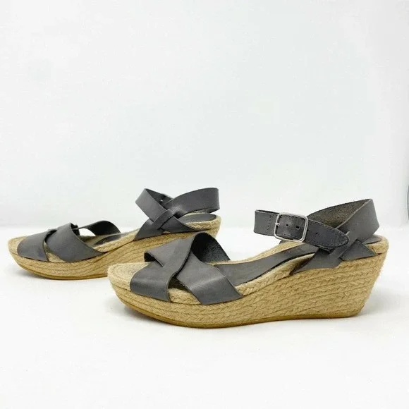 lisa b. Gray Leather Crossover Espadrille Wedge Sandals