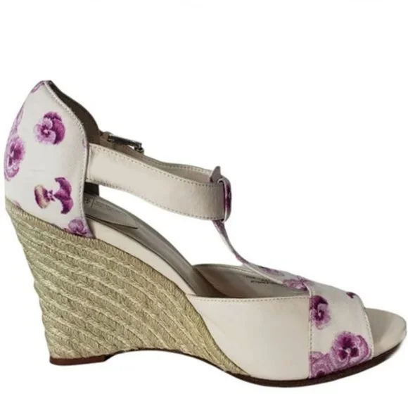 COLE HAAN Air Zoe White Leather Pansy Fabric Print Wedge