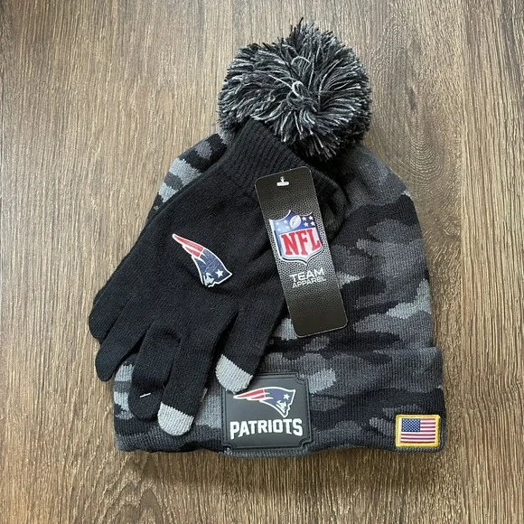 NFL New England Patriots Salute To Service Green Camo Beanie‎ Gloves Set NEW