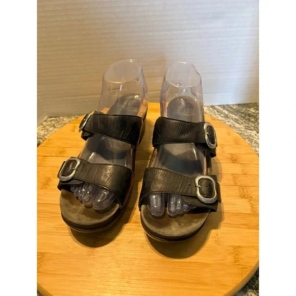 Dansko Women Black Leather Double Buckle Slide Wedge Sandals Size 40