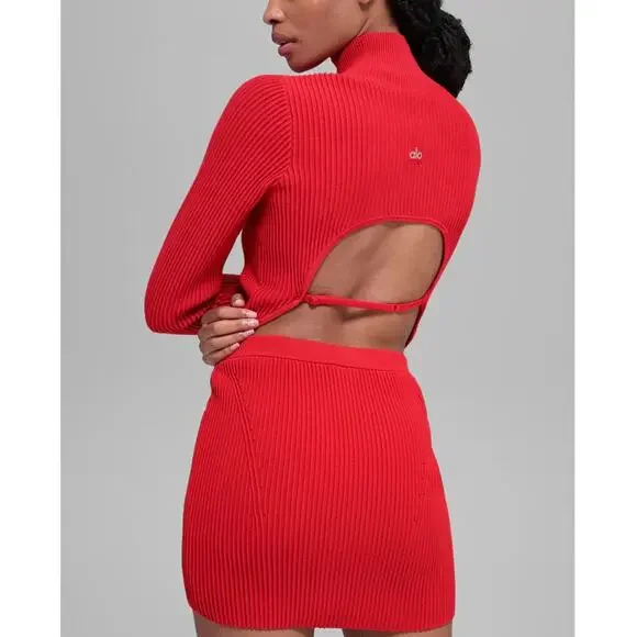 Alo Yoga Denim Knit High-Waist Skirt + Backless Long Sleeve Set Bright Red XXS