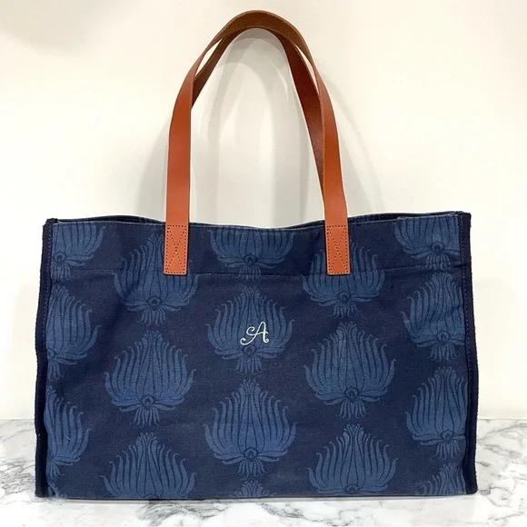 Pottery Barn Kids preppy canvas diaper tote navy blue leather straps initial 