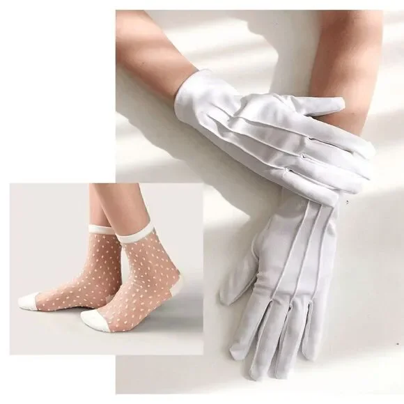 🤍 2PCS Pinup Retro Vintage Classy 1950s White Gloves Socks Accessories Set NEW