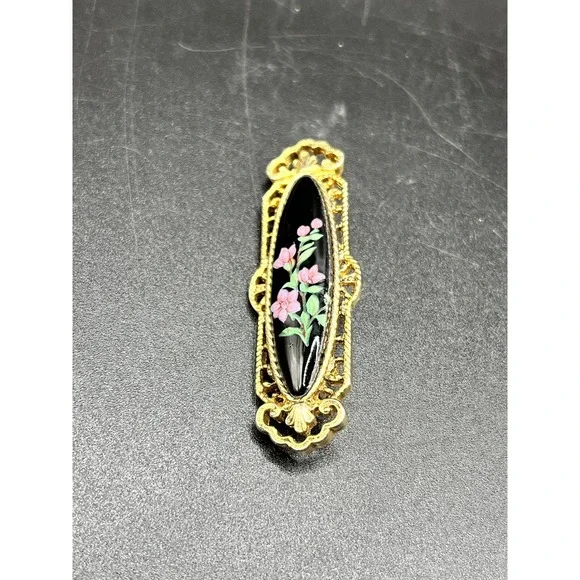Vintage Oval Floral Brooch Pin‎ Gold Tone Black Enamel Pink Flowers Jewelry
