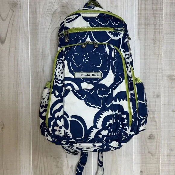 Ju Ju Be Be Right Back Diaper Backpack Colbalt Blossom Blue Green Floral Pattern