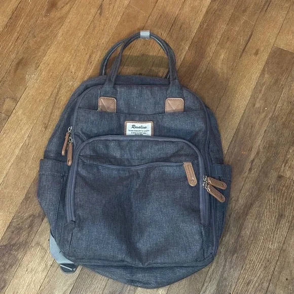 Ruvalino Charcoal Gray Denim Diaper Backpack Bag Multiple Pockets Organizer‎