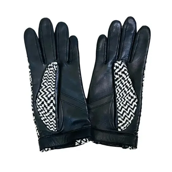 New Rag & Bone Houndstooth Black White Lambskin Beacon Gloves Size 6.5