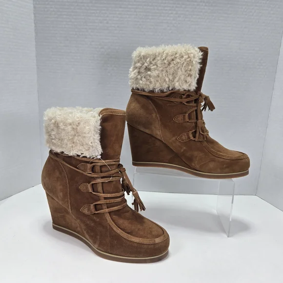 CECELIA NEW YORK North Star Chestnut Suede Leather Faux Fur Wedge Boots Size 8.5