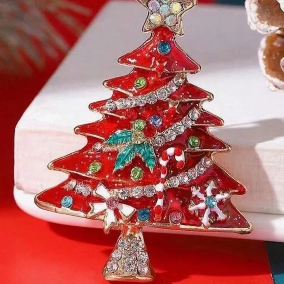 Festive Red Christmas Tree Brooch